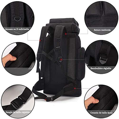 حقيبة ظهر احترافية للتخييم والمشي 90 لتر مقاومة للماء كاموفلاج أسود - Quickdz Shop - Sac à dos Randonnée Professionnel 90L Étanche Camouflage Noir - Quickdz Shop