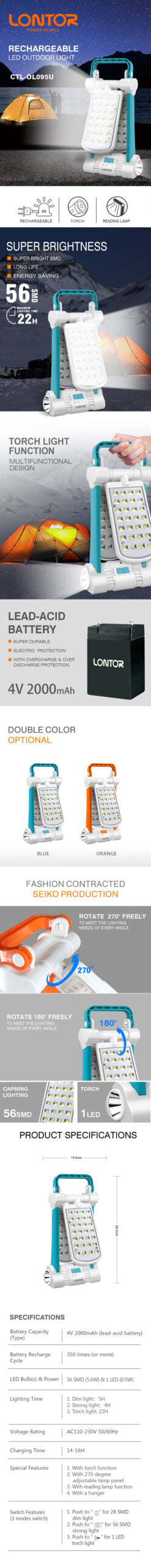 مصباح تخييم LED قابل لإعادة الشحن LONTOR مع منفذ DC CTL-OL095U - Lanterne de camping LED rechargeable LONTOR avec port DC CTL-OL095U