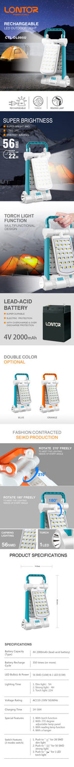 مصباح تخييم LED قابل لإعادة الشحن LONTOR مع منفذ DC CTL-OL095U - Lanterne de camping LED rechargeable LONTOR avec port DC CTL-OL095U